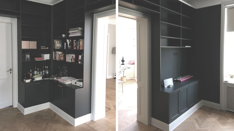 Platsbyggd bokhylla på Östermalm i Stockholm kollage